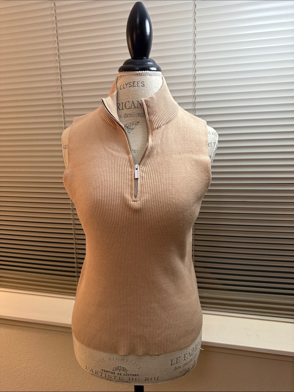 Calvin Klein Beige Sleeveless Ribbed Half-Zip Top